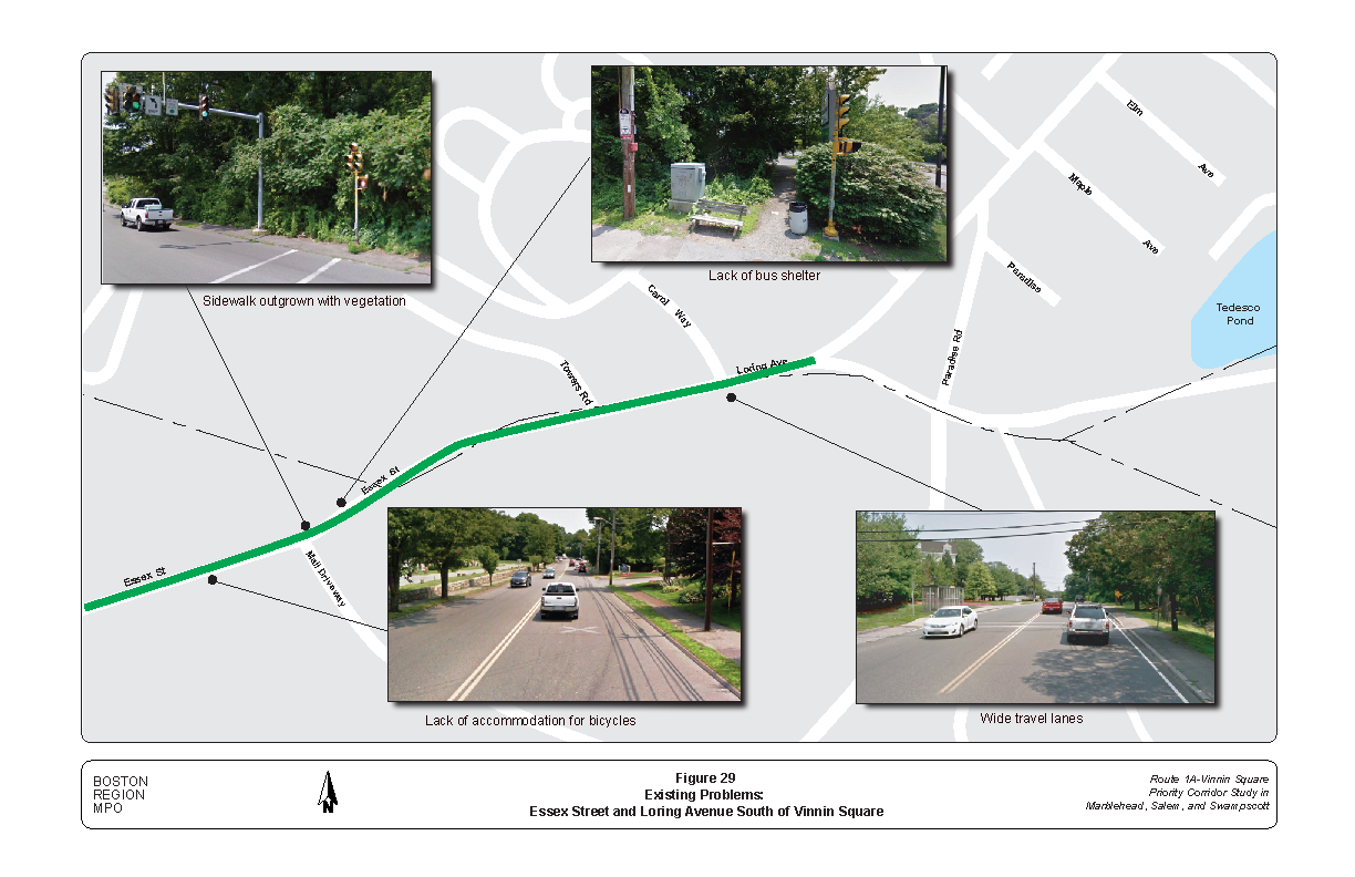 FIGURE 29. Existing Problems: Essex Street and Loring Avenue South of Vinnin Square.Figure 29 is a map of Essex Street and Loring Avenue south of Vinnin Square. Photos embedded show problems at four locations.